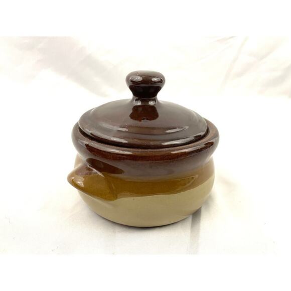 VTG Stoneware Pottery Bean Pot Double Handled Brown 3 Tones Small - Picture 12 of 12